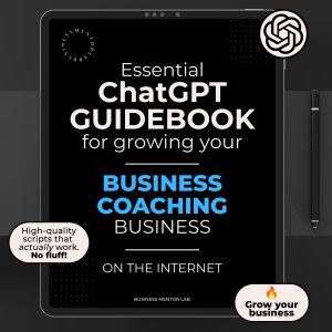 Cover image of an eBook titled "Essential ChatGPT Guidebook for growing your business coaching business online", featuring 15 high-impact prompts for client growth and marketing.