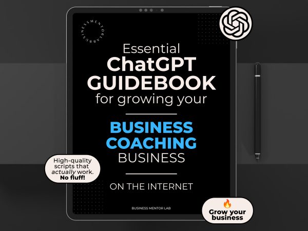 Cover image of an eBook titled "Essential ChatGPT Guidebook for growing your business coaching business online", featuring 15 high-impact prompts for client growth and marketing.