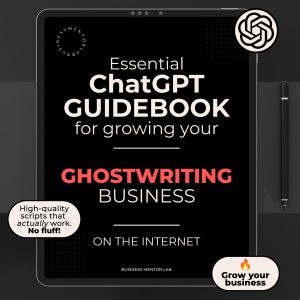 Cover image of an eBook titled "Essential ChatGPT Guidebook for growing your ghostwriting business online", featuring 15 prompts for client outreach, branding, and content marketing.