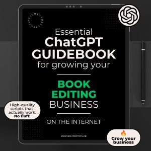 Cover image of an eBook titled "Essential ChatGPT Guidebook for growing your book editing business online", featuring 15 powerful marketing and client-focused prompts for editors.