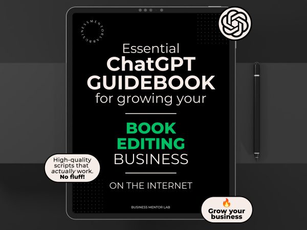Cover image of an eBook titled "Essential ChatGPT Guidebook for growing your book editing business online", featuring 15 powerful marketing and client-focused prompts for editors.