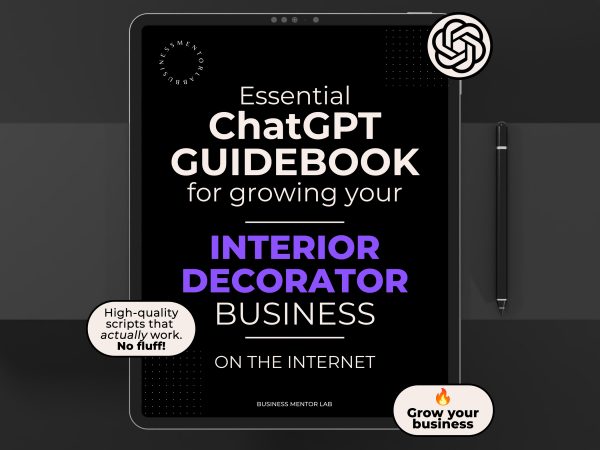 Cover image of an eBook titled "Essential ChatGPT Guidebook for growing your interior decorating business online", featuring 15 AI-powered prompts for marketing, branding, and client engagement.