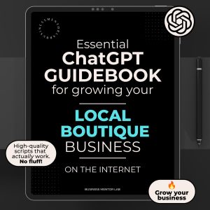 Cover image of an eBook titled "Essential ChatGPT Guidebook for growing your local boutique business online", featuring 15 marketing and customer engagement prompts for shop owners.