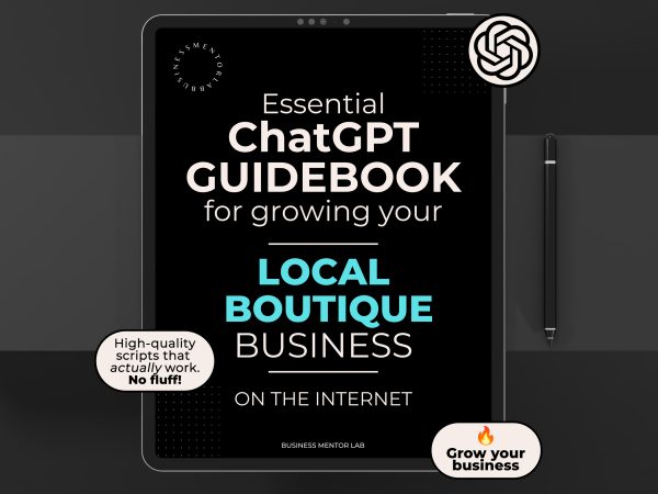 Cover image of an eBook titled "Essential ChatGPT Guidebook for growing your local boutique business online", featuring 15 marketing and customer engagement prompts for shop owners.