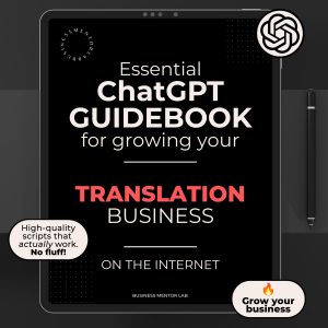 Cover image of an eBook titled "Essential ChatGPT Guidebook for growing your translation business online", featuring 15 AI-powered prompts for client outreach, marketing, and service promotion.