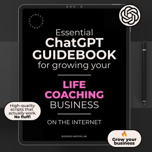 Cover image of an eBook titled "Essential ChatGPT Guidebook for growing your life coaching business online", featuring 15 AI prompts for client attraction, content creation, and personal brand growth.