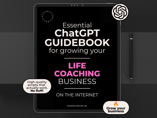 Cover image of an eBook titled "Essential ChatGPT Guidebook for growing your life coaching business online", featuring 15 AI prompts for client attraction, content creation, and personal brand growth.