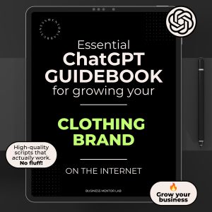 Cover image of an eBook titled "Essential ChatGPT Guidebook for growing your clothing brand online", featuring 15 AI prompts for fashion marketing, content creation, and brand growth.