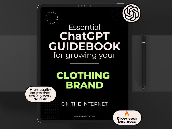 Cover image of an eBook titled "Essential ChatGPT Guidebook for growing your clothing brand online", featuring 15 AI prompts for fashion marketing, content creation, and brand growth.