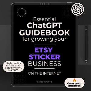 Cover image of an eBook titled "Essential ChatGPT Guidebook for growing your Etsy sticker business online", featuring 15 marketing and sales prompts for sticker shop owners.
