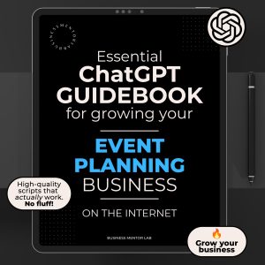 Cover image of an eBook titled "Essential ChatGPT Guidebook for growing your event planning business online", featuring 15 AI prompts for marketing, client outreach, and brand growth.