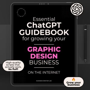 Cover image of an eBook titled "Essential ChatGPT Guidebook for growing your graphic design business online", featuring 15 AI prompts for client attraction, content creation, and branding.
