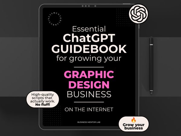 Cover image of an eBook titled "Essential ChatGPT Guidebook for growing your graphic design business online", featuring 15 AI prompts for client attraction, content creation, and branding.