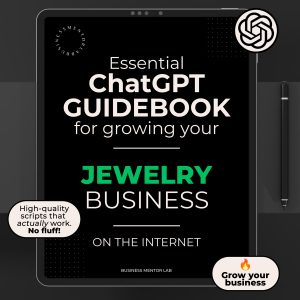 Cover image of an eBook titled "Essential ChatGPT Guidebook for growing your jewelry business online", featuring 15 AI-powered prompts for marketing, sales, and branding.