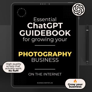 Cover image of an eBook titled "Essential ChatGPT Guidebook for growing your photography business online", featuring 15 AI-driven marketing and client communication prompts for photographers.