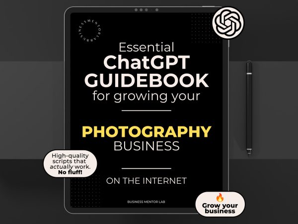 Cover image of an eBook titled "Essential ChatGPT Guidebook for growing your photography business online", featuring 15 AI-driven marketing and client communication prompts for photographers.