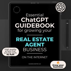 Cover image of an eBook titled "Essential ChatGPT Guidebook for growing your real estate business online", featuring 15 AI-powered marketing prompts for real estate professionals.
