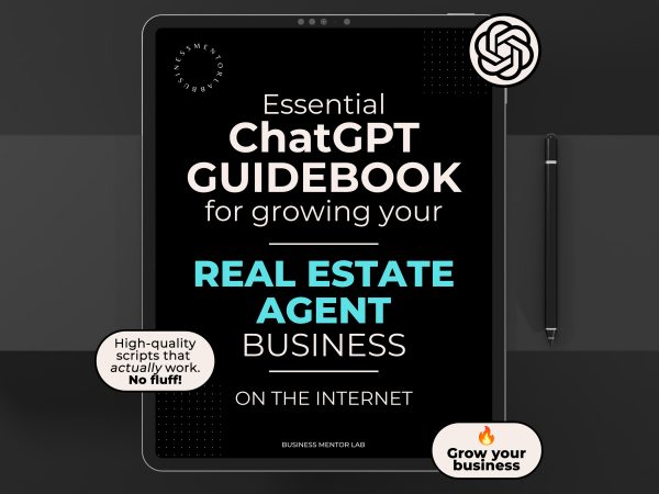 Cover image of an eBook titled "Essential ChatGPT Guidebook for growing your real estate business online", featuring 15 AI-powered marketing prompts for real estate professionals.