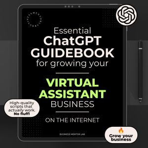 Scale your VA Business. Cover image of an eBook titled "Essential ChatGPT Guidebook for growing your virtual assistant business online", featuring 15 AI-powered prompts for marketing, client management, and service promotion.