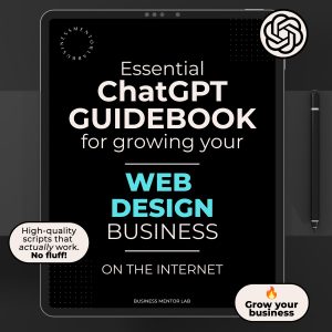 Cover image of an eBook titled "Essential ChatGPT Guidebook for growing your web design business online", featuring 15 AI-powered prompts for client attraction, branding, and content creation