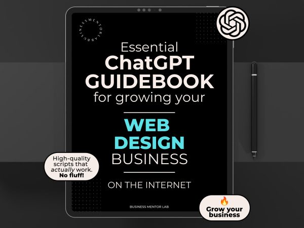 Cover image of an eBook titled "Essential ChatGPT Guidebook for growing your web design business online", featuring 15 AI-powered prompts for client attraction, branding, and content creation