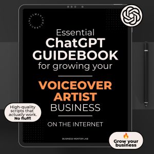Voiceover Business - Cover image of an eBook titled "Essential ChatGPT Guidebook for growing your voiceover business online", featuring 15 AI-powered prompts for marketing, branding, and client outreach.