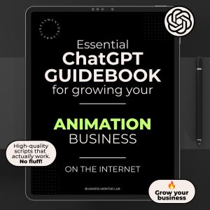 Cover image of an eBook titled "Essential ChatGPT Guidebook for growing your animation business online", featuring prompts and AI tools for animators and creative studios.
