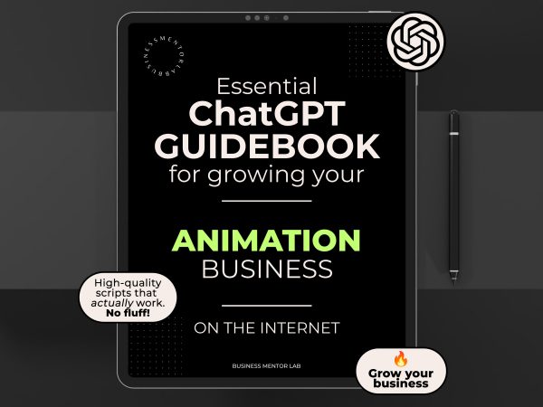 Cover image of an eBook titled "Essential ChatGPT Guidebook for growing your animation business online", featuring prompts and AI tools for animators and creative studios.