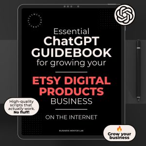 Cover image of an eBook titled "Essential ChatGPT Guidebook for growing your Etsy digital products business online", featuring 15 AI-powered prompts for product creation, marketing, and shop growth.